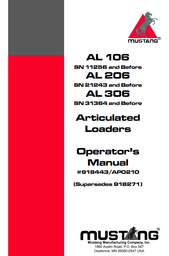 MUSTANG AL106 , AL206, AL306 ARTICULATED LOADER OPERATOR MANUAL 918443 - PDF