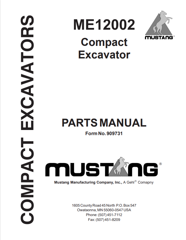 MUSTANG ME12002 COMPACT EXCAVATOR PARTS MANUAL 909731 - PDF