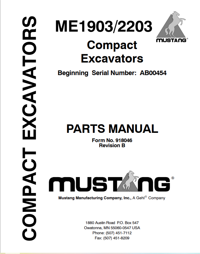 MUSTANG ME1903, 2203 COMPACT EXCAVATOR PARTS MANUAL 918046 - PDF