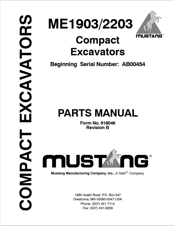 MUSTANG ME1903, ME2203 COMPACT EXCAVATOR PARTS MANUAL 918046 - PDF