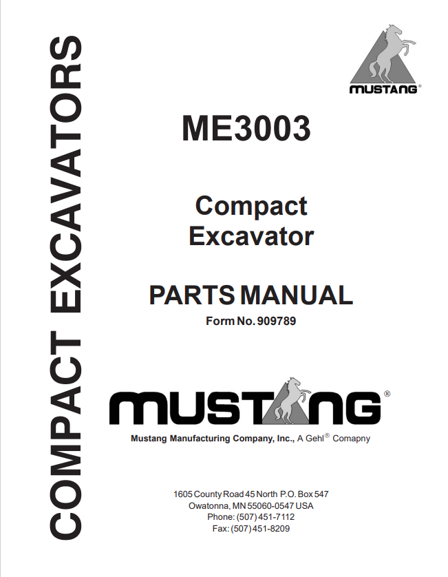 MUSTANG ME3003 COMPACT EXCAVATOR PARTS MANUAL 909789 - PDF