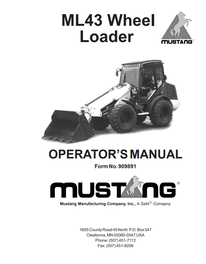 MUSTANG ML43 WHEEL LOADER OPERATOR MANUAL 909891 - PDF