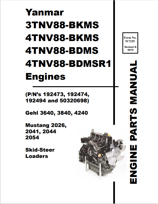MUSTANG YANMAR 3TNV88-BKMS, 4TNV88-BKMS, 4TNV88-BDMS, 4TNV88-BDMSR1 ENGINE PARTS MANUAL 917329 - PDF