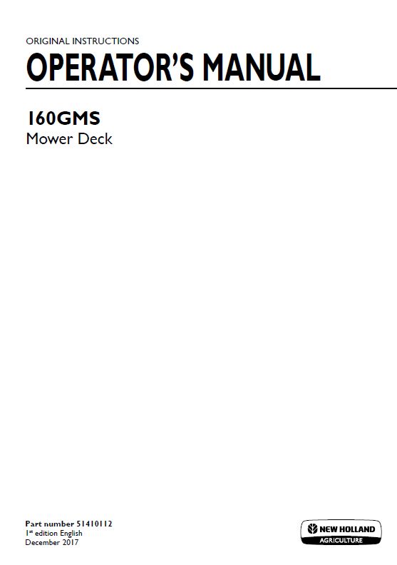 New Holland 160GMS Mower Deck Operator Manual 51410112 PDF