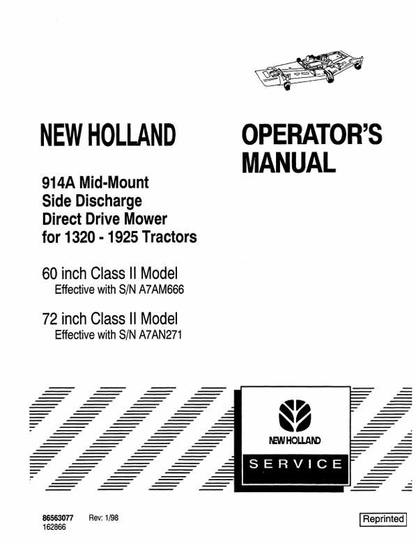 New Holland 914A Mid-Mount Side Discharge for 1320-1925 Operator Manual 86563077 PDF