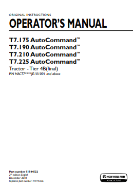 New Holland AutoCommand T7.175, T7.190, T7.210 Tire 4B Tractor Operator Manual 51544522 PDF