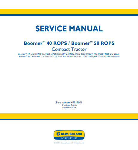 New Holland Boomer 40 ROPS, 50 ROPS Compact Tractor Service Manual 47917001 PDF