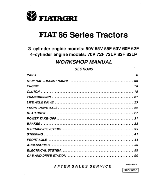 New Holland Fiat 86 Tractor Workshop Manual 06910107 PDF