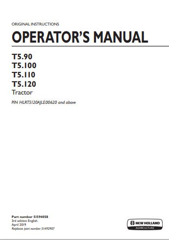 New Holland T5.90, T5.100, T5.110, T5.120 Tractor Operator Manual 51594058 PDF