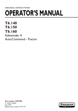 New Holland T6.140, T6.150, T9.160 Tractor Operator Manual 47897286 PDF