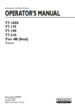 New Holland T7.165S, T7.175, T7.190, T7.210 Tire 4B Tractor Operator Manual 47948907 PDF