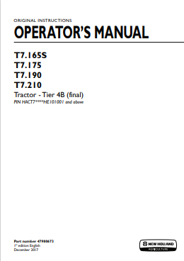 New Holland T7.165S, T7.175, T7.190, T7.210 Tire 4B Tractor Operator Manual 47980673 PDF