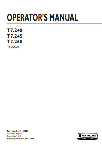 New Holland T7.230, T7.245, T7.260 Tractor Operator Manual 51515291 PDF