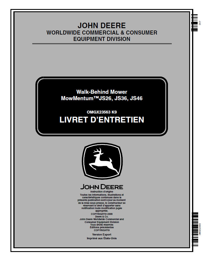 John Deere JS26, JS36, JS46 Walk-Behind Mower MowMentum Operator Manual OMGX23563 PDF
