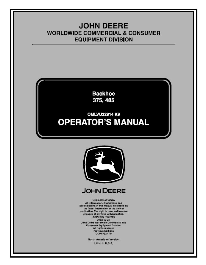 John Deere 375, 485 Backhoe Operator Manual OMLVU22914 PDF