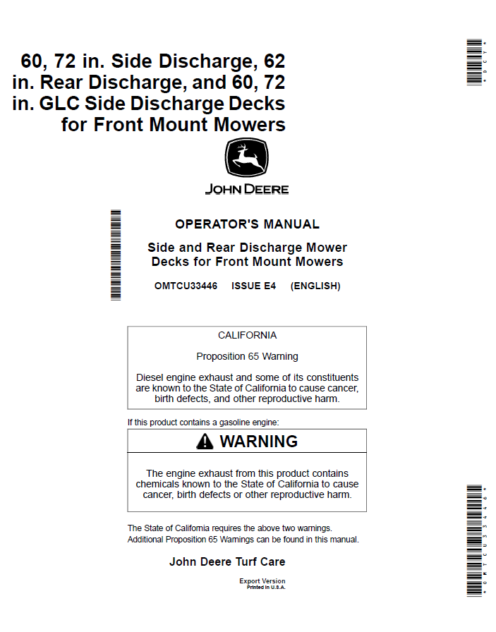 John Deere Side and Rear Discharge Mower Decks for Front Mount Mowers Operator Manual OMTCU33446 PDF