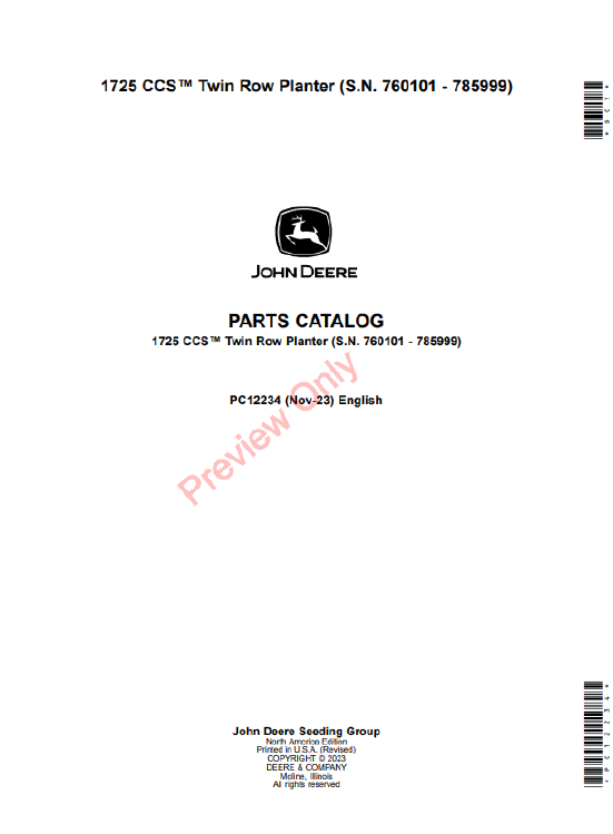 John Deere 1725 CCS Twin Row Planter Parts Catalogue Manual PC12234 PDF
