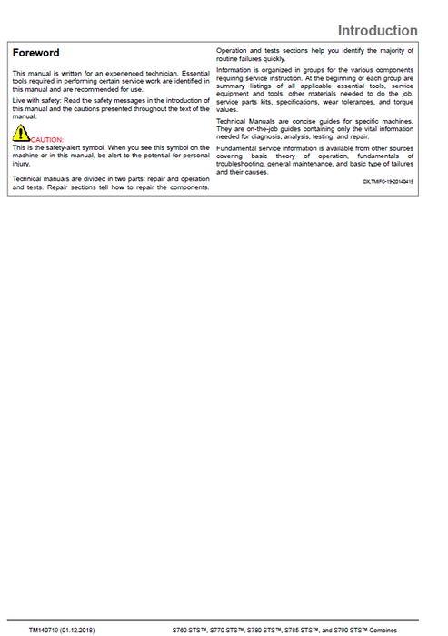 John Deere S760 STS™, S770 STS™, S780 STS™, S785 STS™ And S790 STS™ Combine Diagnostic Technical Manual TM140719