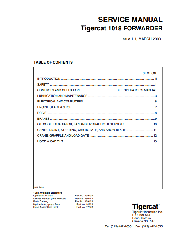 Tigercat 1018 Forwarder Service Manual 15914A