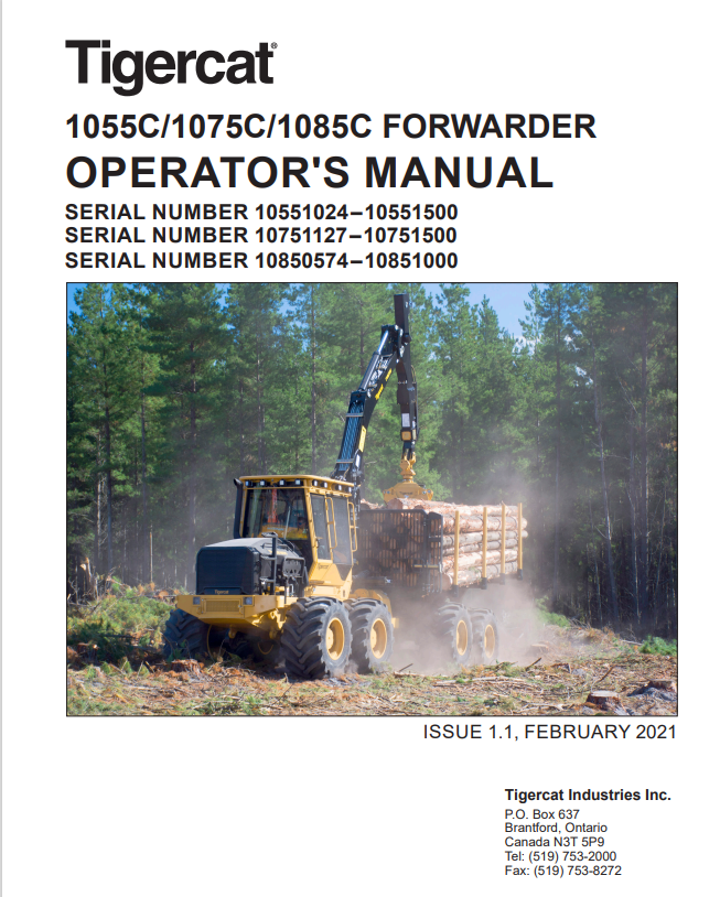 Tigercat 1055C, 1075C, 1085C Forwarder Operator Manual 65306AENG