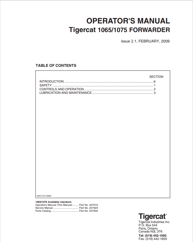 Tigercat 1065, 1075 Forwarder Operator Manual 2579A1