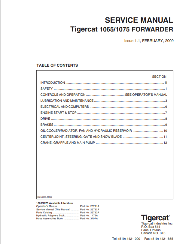 Tigercat 1065, 1075 Forwarder Service Manual 25792A