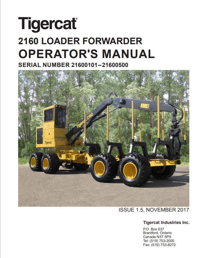 Tigercat 2160 Loader Forwarder Operator Manual 51953AENG