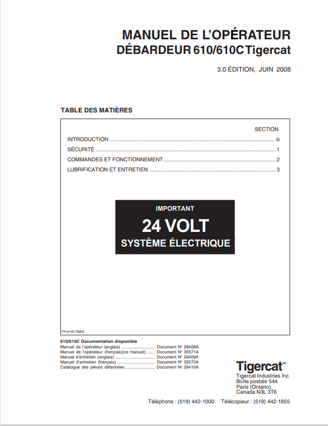 Tigercat 610, 610C Tank Top Operator Manual 28408A
