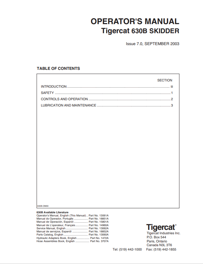 Tigercat 630B Skidder Operator Manual 13061A