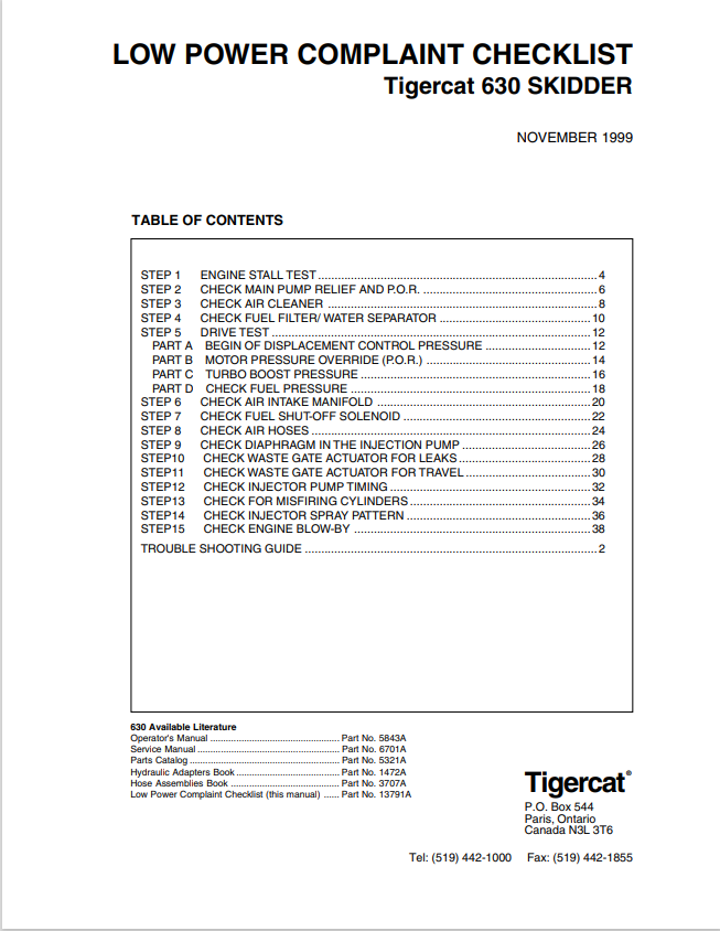 Tigercat 630 Skidder Low Power Complaint Checklist Manual 13791A