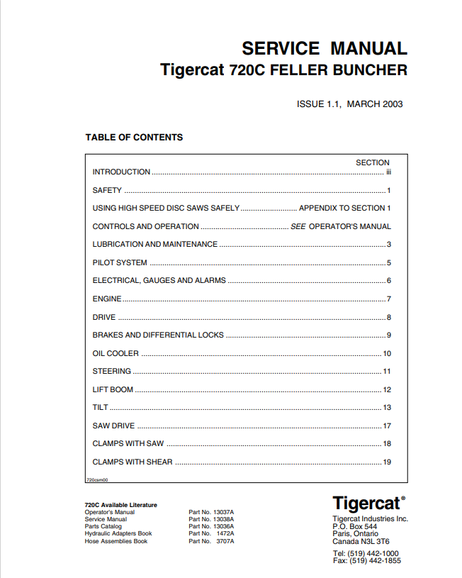 Tigercat 720C Feller Buncher Service Manual 13038A