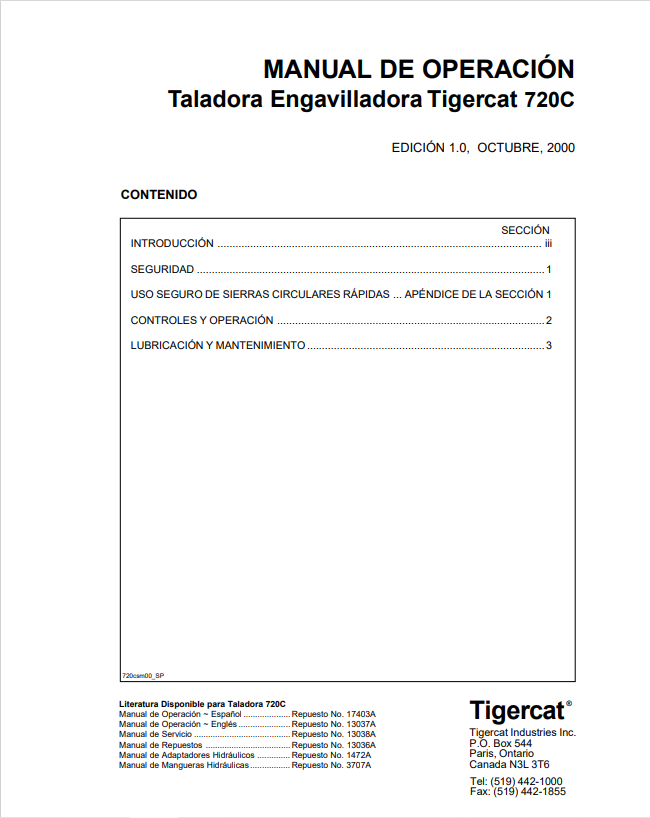 Tigercat 720C Logging And Bundling Machine Operator Manual 17403A