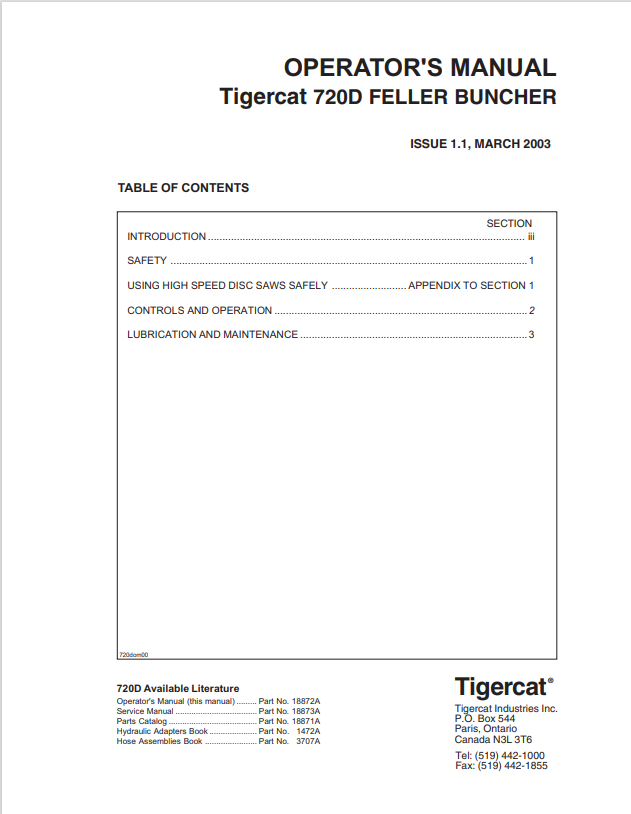 Tigercat 720D Feller Buncher Operator Manual 18872A
