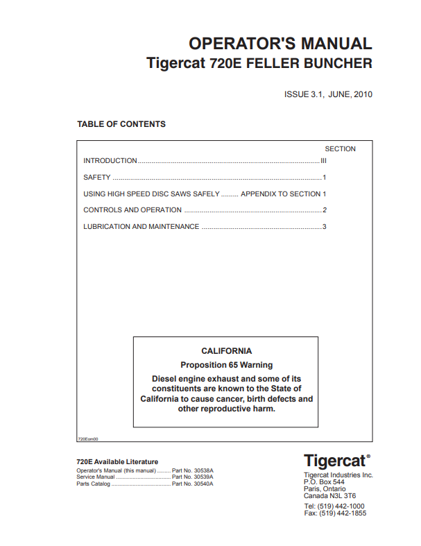 Tigercat 720E Feller Buncher Operator Manual 30538A