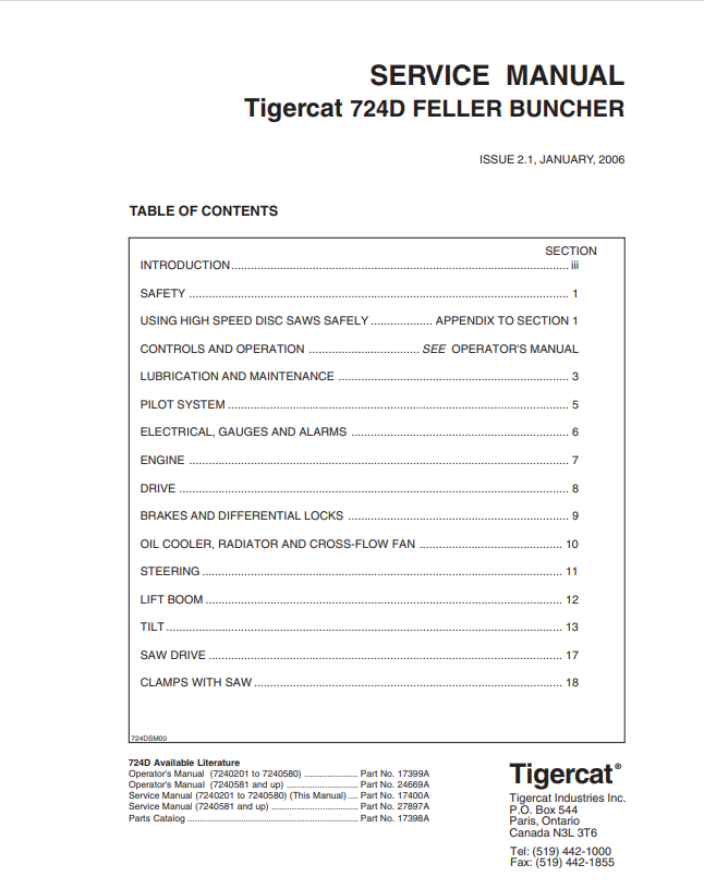 Tigercat 724D Feller Buncher Service Manual 17400A
