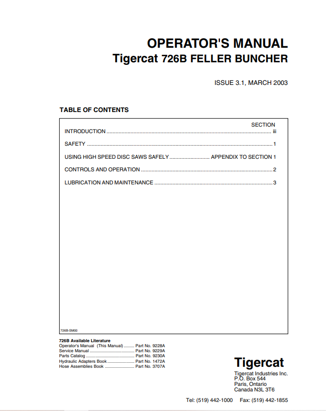 Tigercat 726B Feller Buncher Operator Manual 9228A