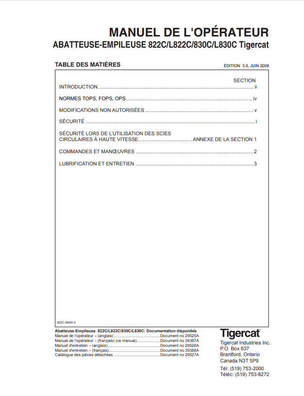 Tigercat 822C, L822C, 830C, L830C Feller-stacker Operator Manual 29525A