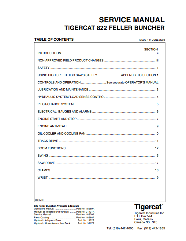 Tigercat 822 Feller Buncher Service Manual 18870A