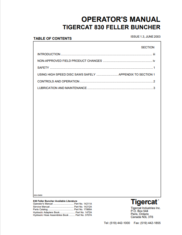Tigercat 830 Feller Buncher Operator Manual 14211A