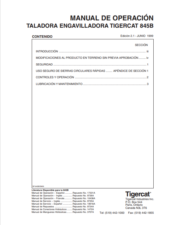 Tigercat 845B Tree Felling And Bundling Machine Operating Manual 17331A