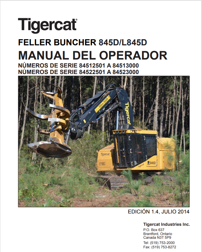 Tigercat 845D, L845D Feller Buncher Operator Manual 43287AENG