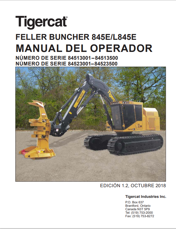 Tigercat 845E, L845E Feller Buncher Operator Manual 54709AENG
