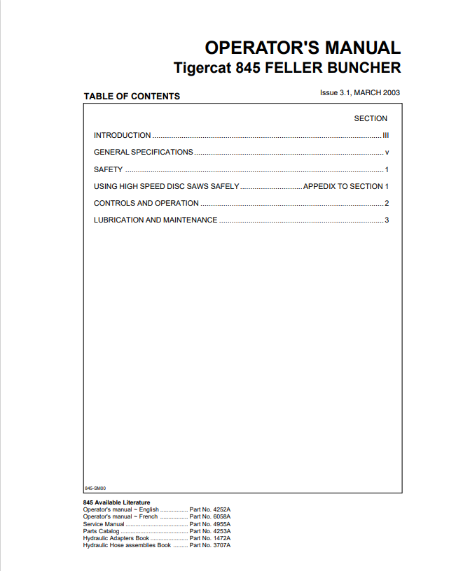 Tigercat 845 Feller Buncher Operator Manual 4252A