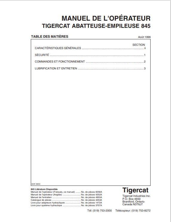 Tigercat 845 Felling And Stacking Machine Operator Manual 6058A
