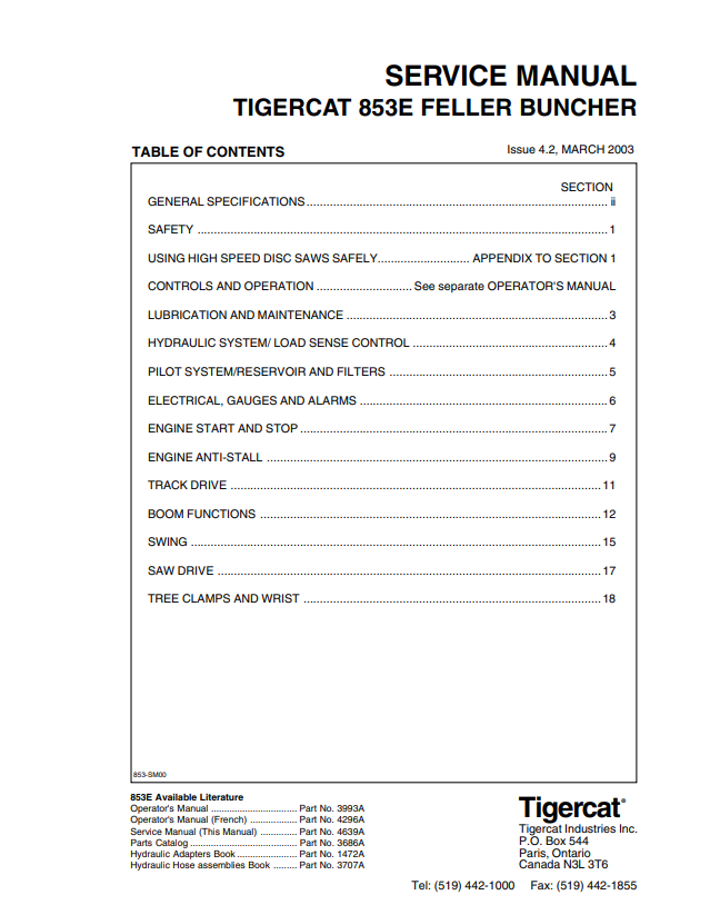 Tigercat 853E Feller Buncher Service Manual 4639A