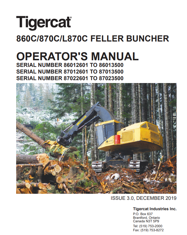 Tigercat 860C, 870C, L870C Feller Buncher Operator Manual 39182AENG