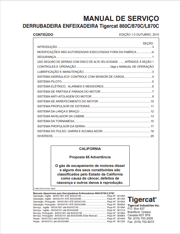 Tigercat 860C, 870C, L870C Falling Down Feixadeira Service Manual 25196A