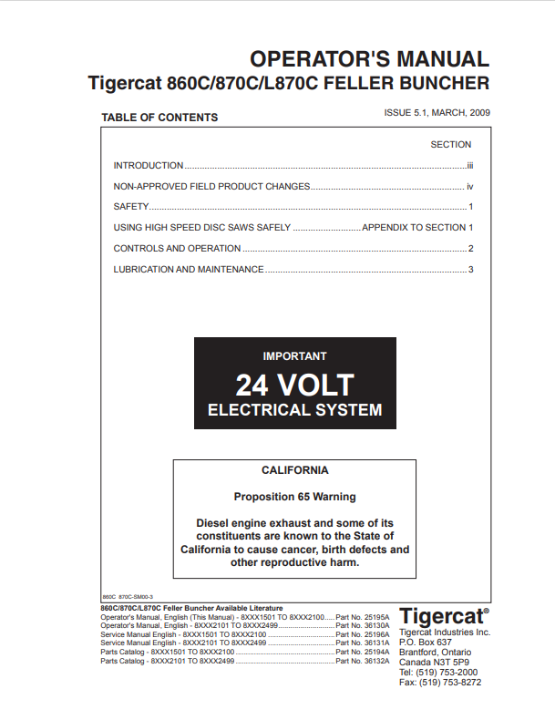 Tigercat 860C, 870C, L870C Feller Buncher Operator Manual 25195A