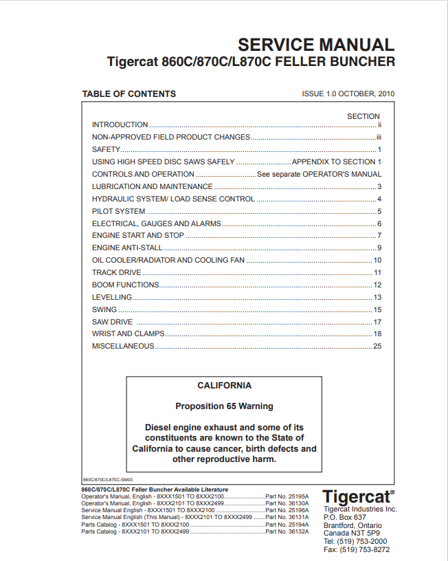 Tigercat 860C, 870C, L870C Feller Buncher Service Manual 36131A
