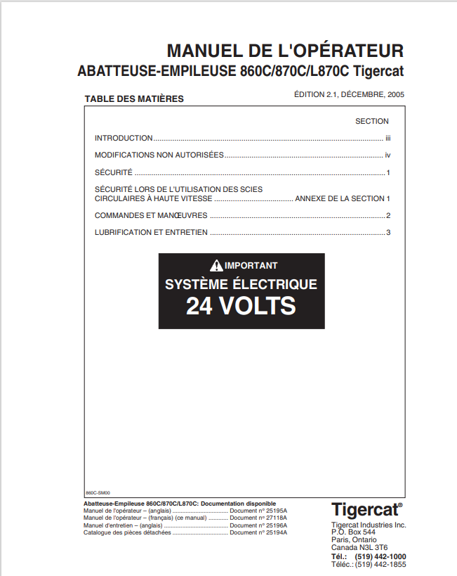 Tigercat 860C, 870C, L870C Feller-stacker Operator Manual 25195A